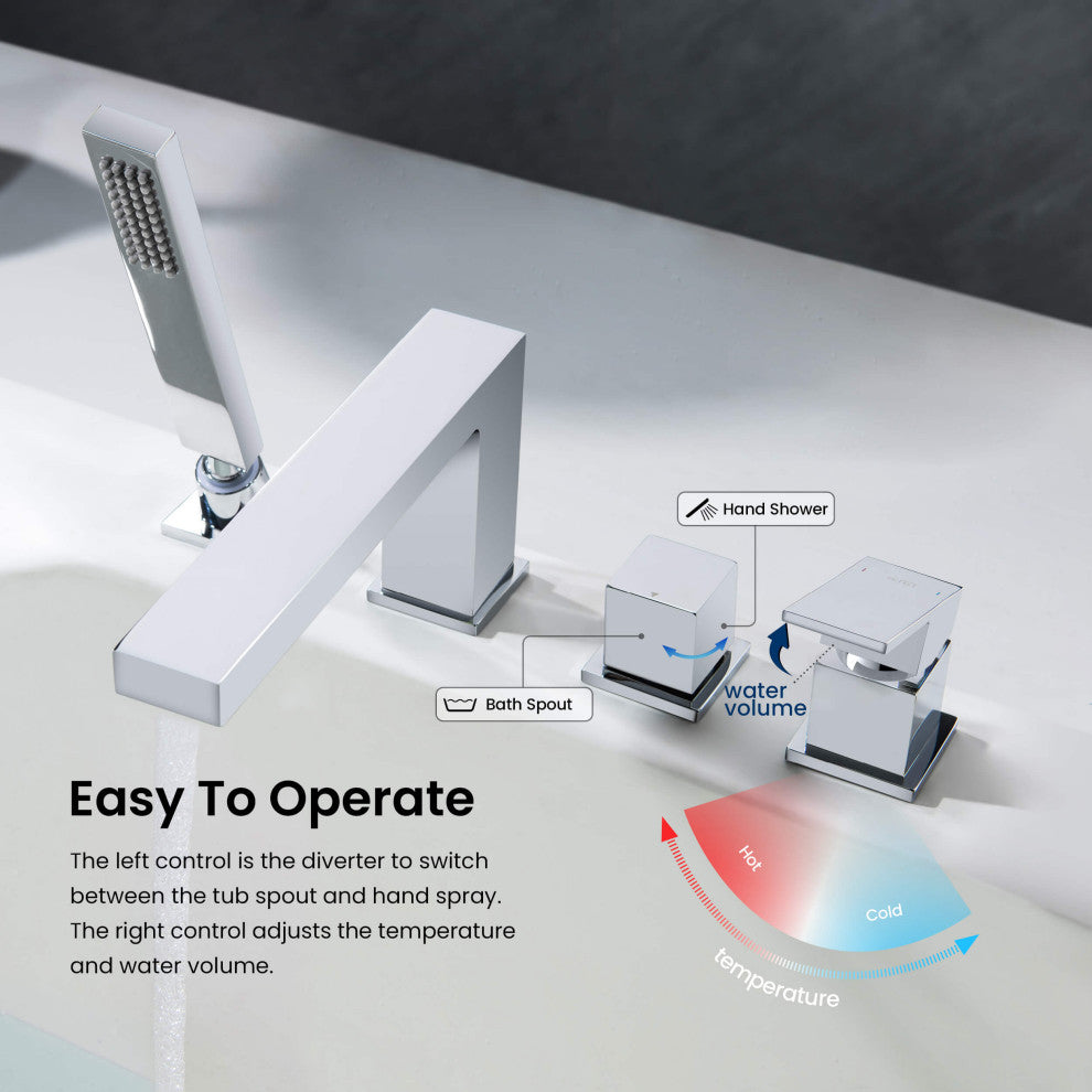 Cube Deck Mounted Bathtub Faucet With Hand Shower, Chrome