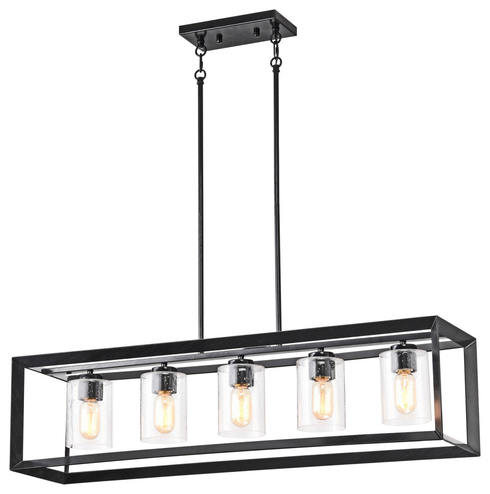 5-Light Antique Black Rectangular Kitchen Island Chandelier With Glass Shades