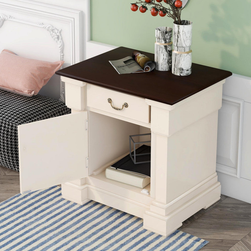1 Drawer Wood Nightstand with USB Ports, Antique White