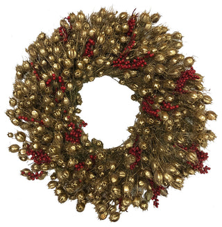 Gold Nigella Wreath With Red Canella Berries, 22"