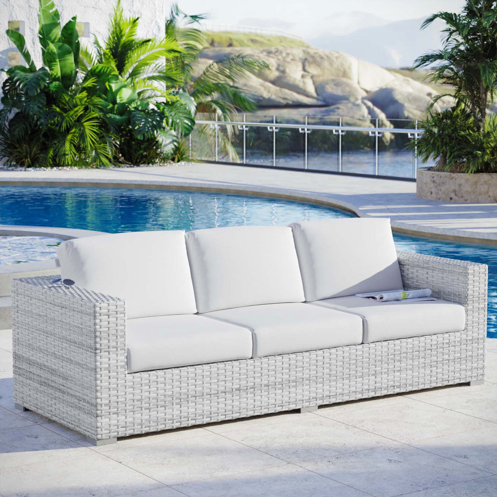Lounge Sofa, Rattan, Wicker, Gray White, Modern, Outdoor Patio Cafe Bistro