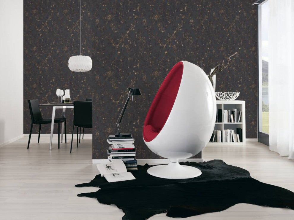 Damask Textured Wallpaper, Ornaments, 374132, Black Anthracite Gold, 1 Roll