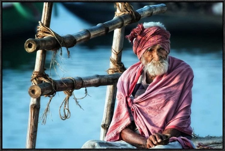 "The Old Man And The Ganges" Framed Canvas Giclee by Piet Flour, 37x25"