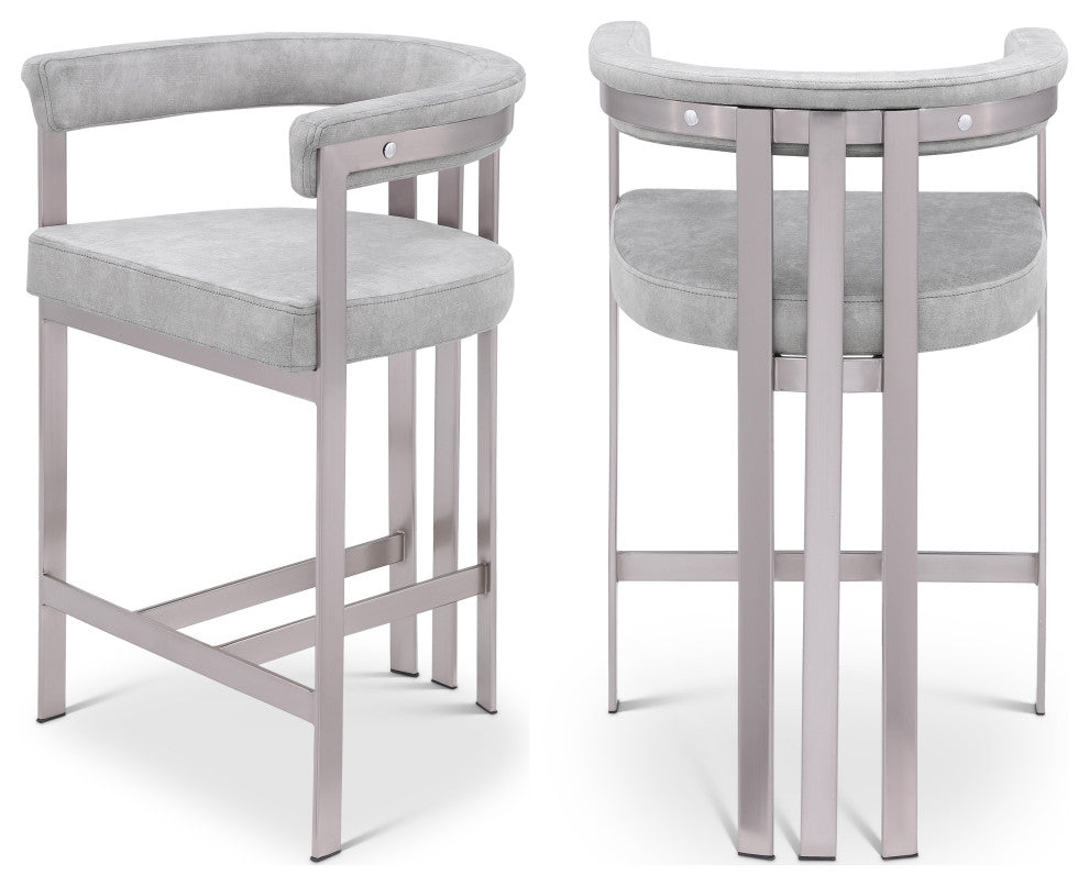 Marcello Upholstered Counter Stool, Grey, Velvet, Brushed Chrome