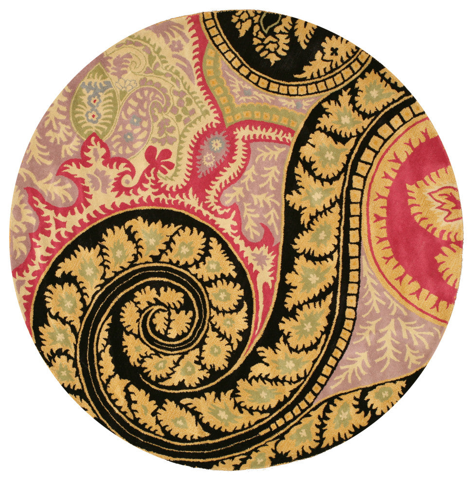 Hand-Tufted Wool Black Contemporary Abstract Paisley Rug, 7'9 Round