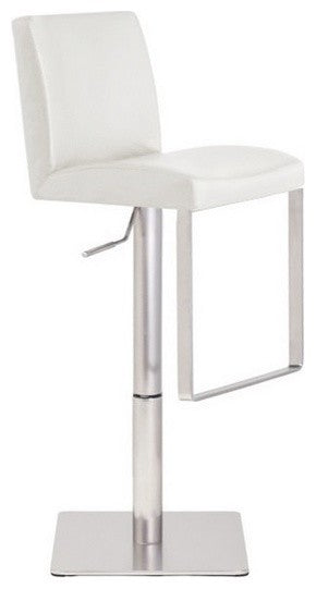 Valencia Leather Adjustable Bar Stool, Satin Stainless Steel Frame, White