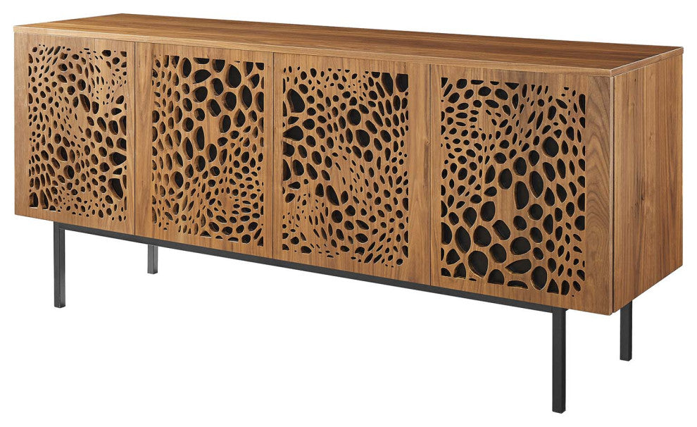 Media TV Stand Console Table, Rectangular, Wood, Metal, Brown Walnut, Modern