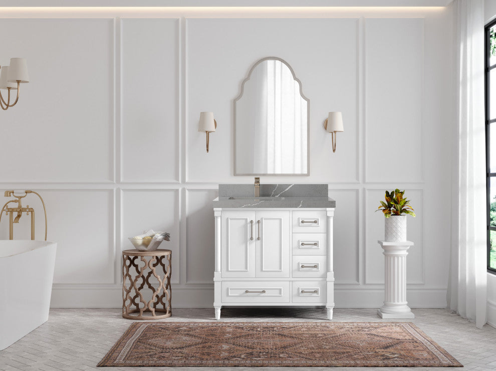 Aberdeen 36 Left Offset Bath Vanity in White 2" Piatra Gray