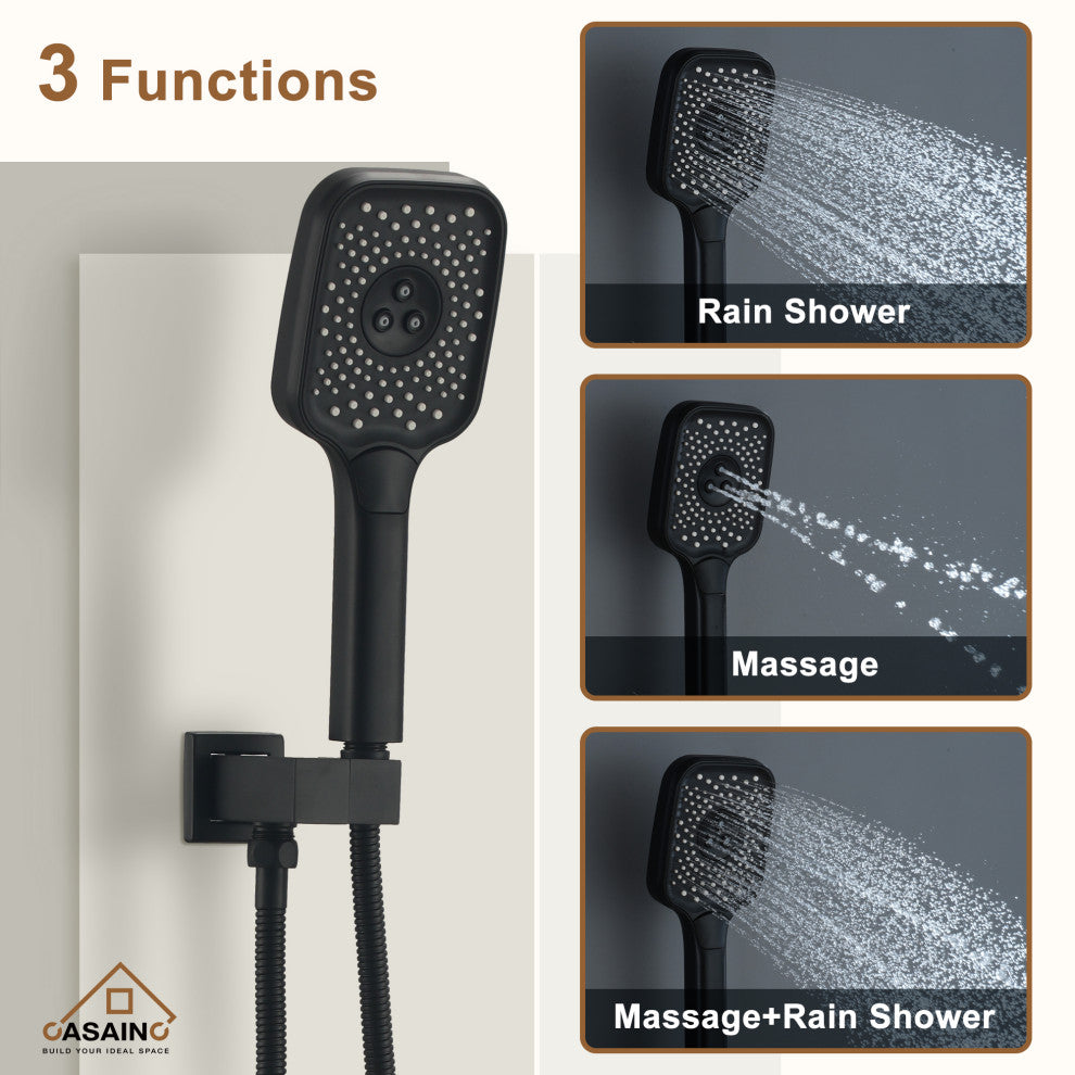 CASAINC 12" Wall Mounted Rainfall Shower Head with 6 Body Jets Shower System, Matte Black