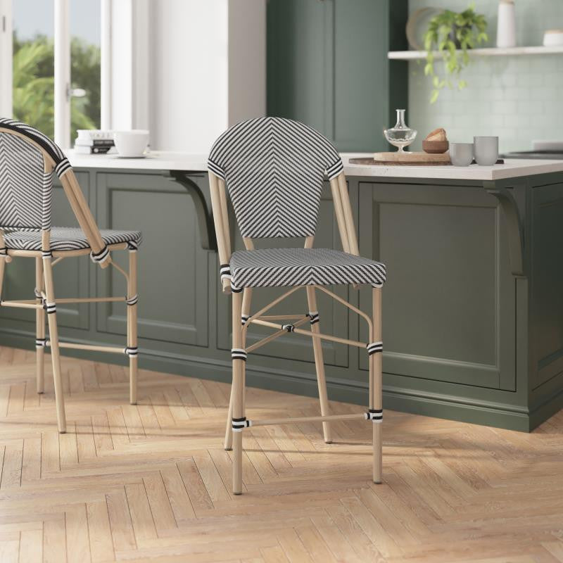 Marseille Stackable Indoor/Outdoor Bistro 26" High Barstool, Commercial Grade, Black & White/Light Natural Frame
