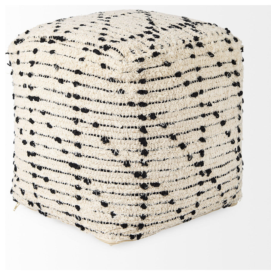 Aarohi 16.0Lx16.0Wx16.0H Cream/Black Cotton Patterned Pouf