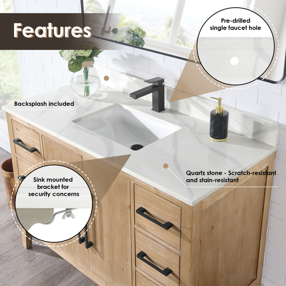 Laurel Bathroom Vanity with Calacatta White Quartz Stone Countertop, Weathered Fir, 48", With Mirror