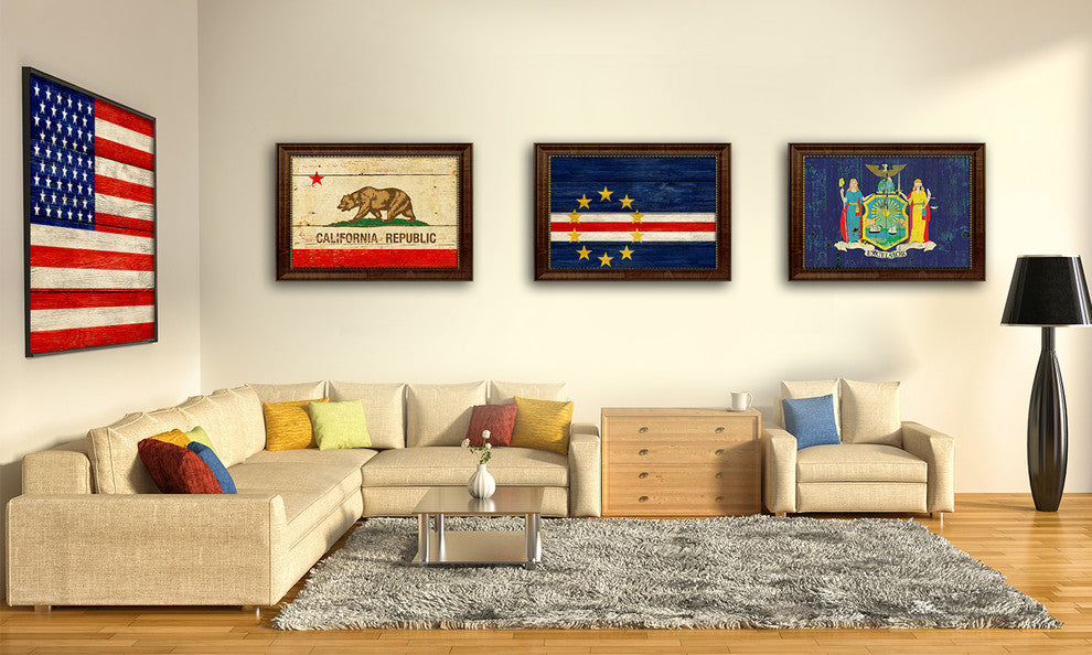 Cape Verde Country Textured Flag Print With Brown Gold Frame, 19"X27"