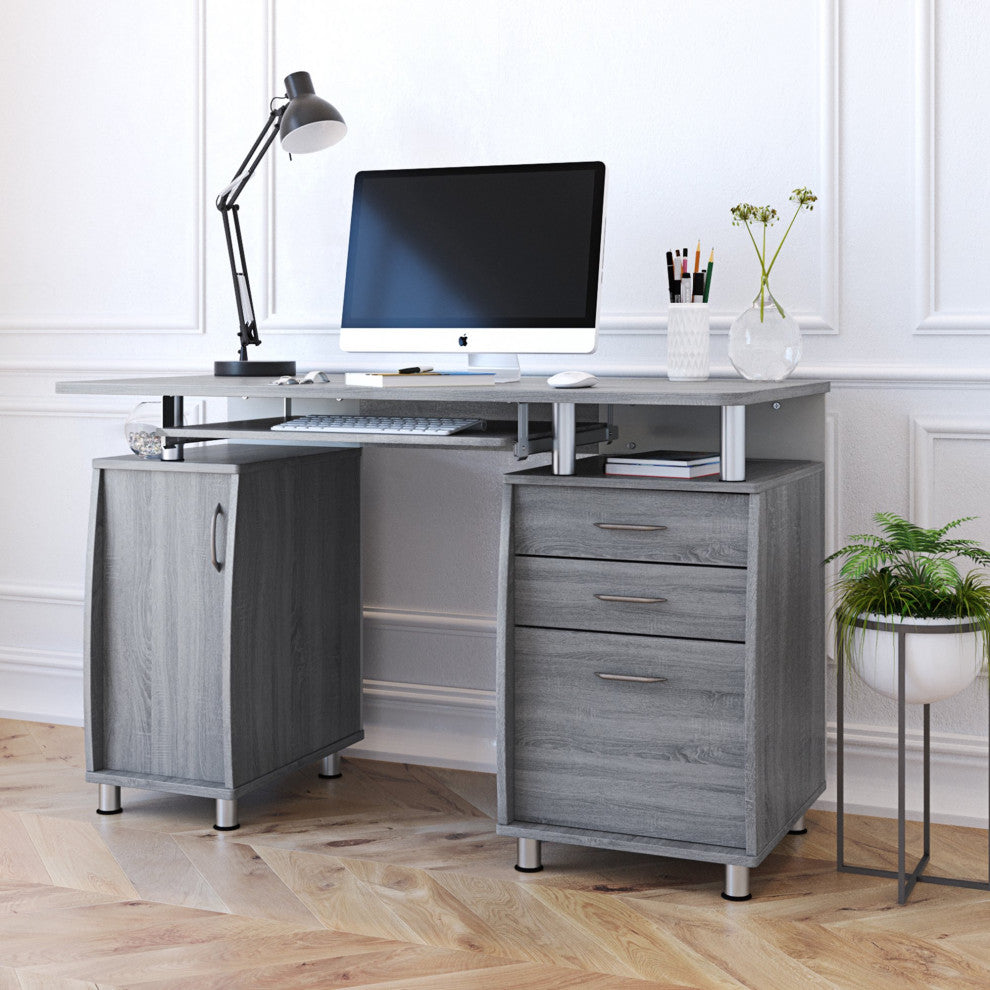 Modern Desk, Floating Top With Single Door Cabinet & Sliding Keyboard Tray, Gray