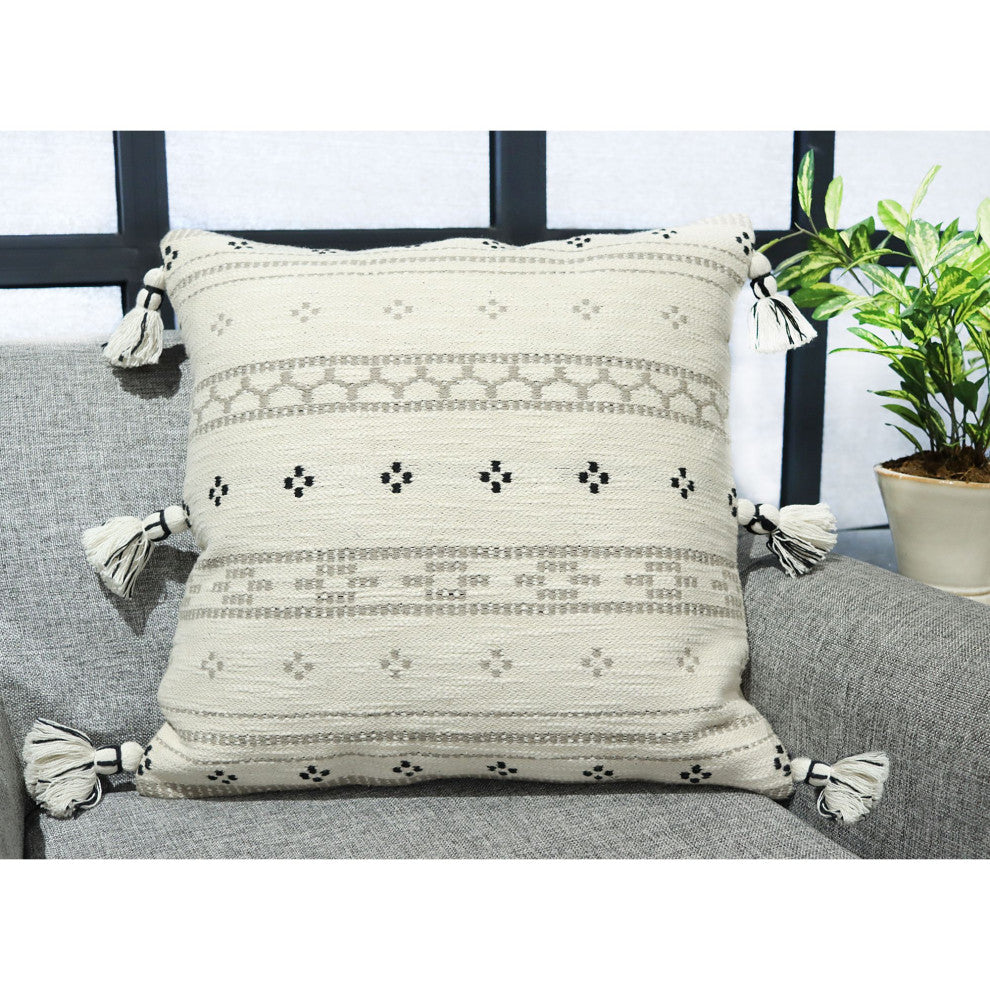 Off-White Machine Woven with Tassels Conti Throw Pillow, 20" x 20"
