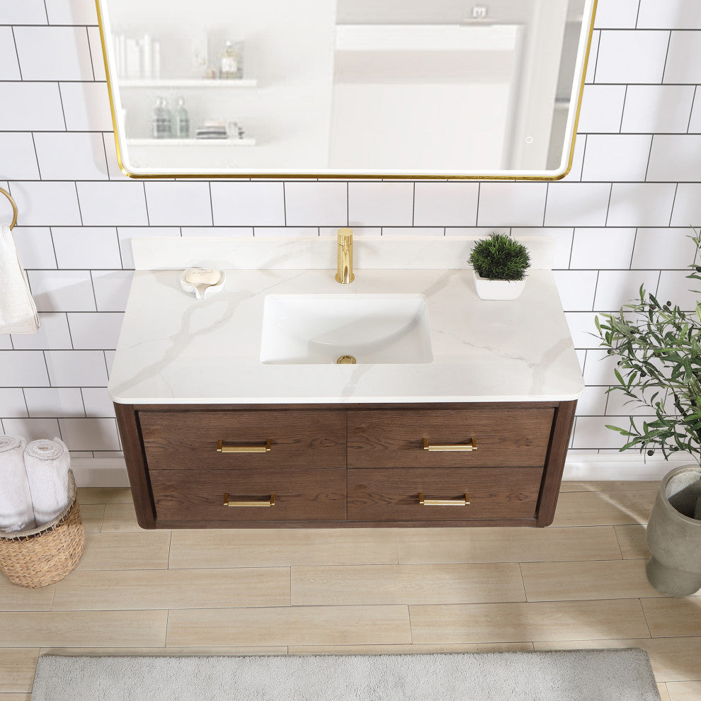 Cristo Floating Bath Vanity With Stone Top, Aged Dark Brown Oak, 48in., No Mirror