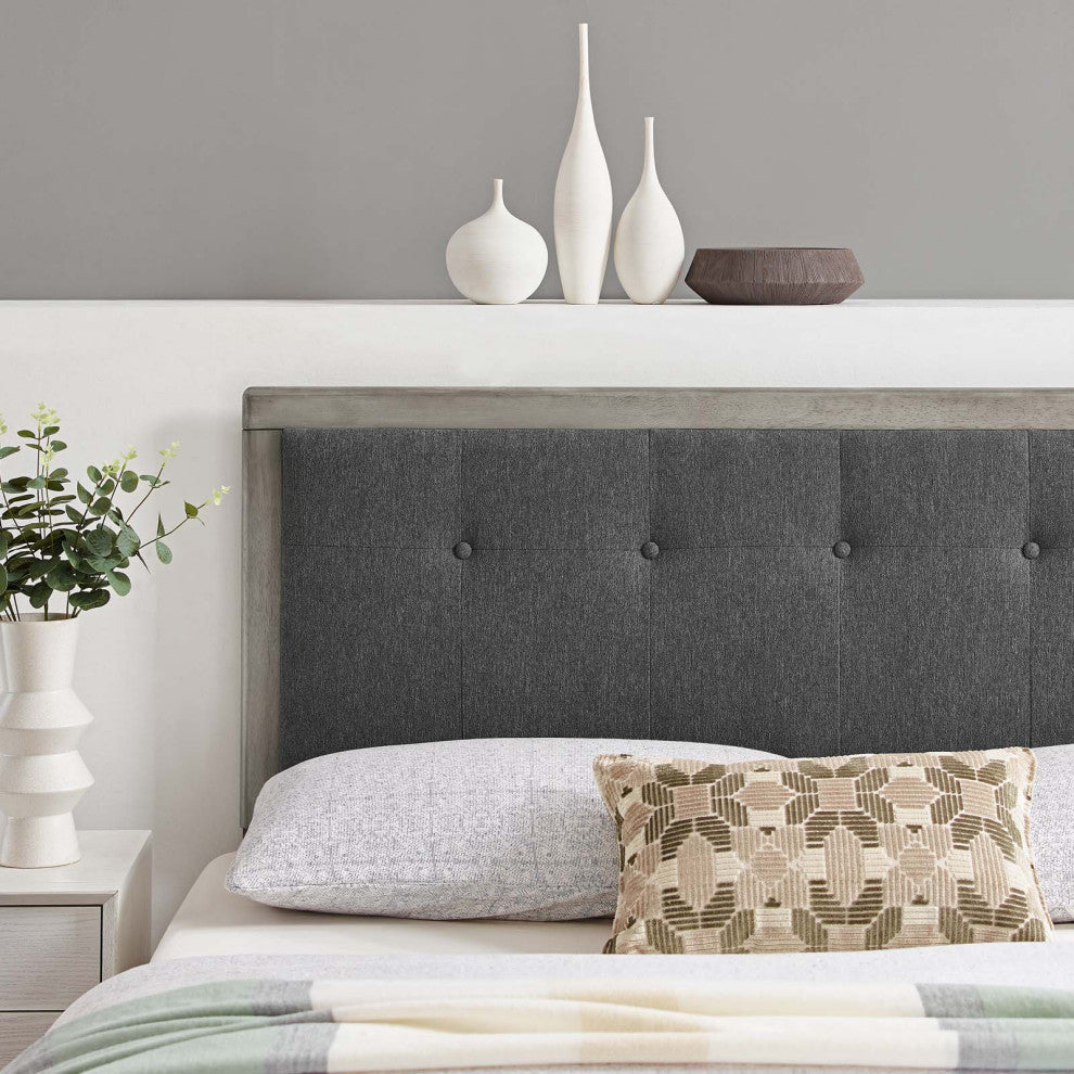 Tufted Headboard, King Size, Wood, Fabric, Gray, Modern Mid-Century