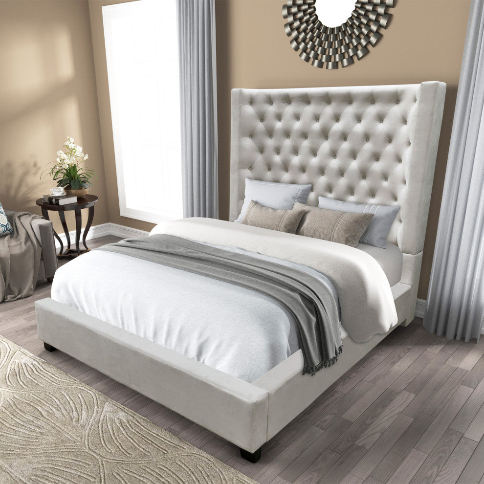 Jamie Upholstered Tower High Profile Contemporary Bed, Cream, Queen