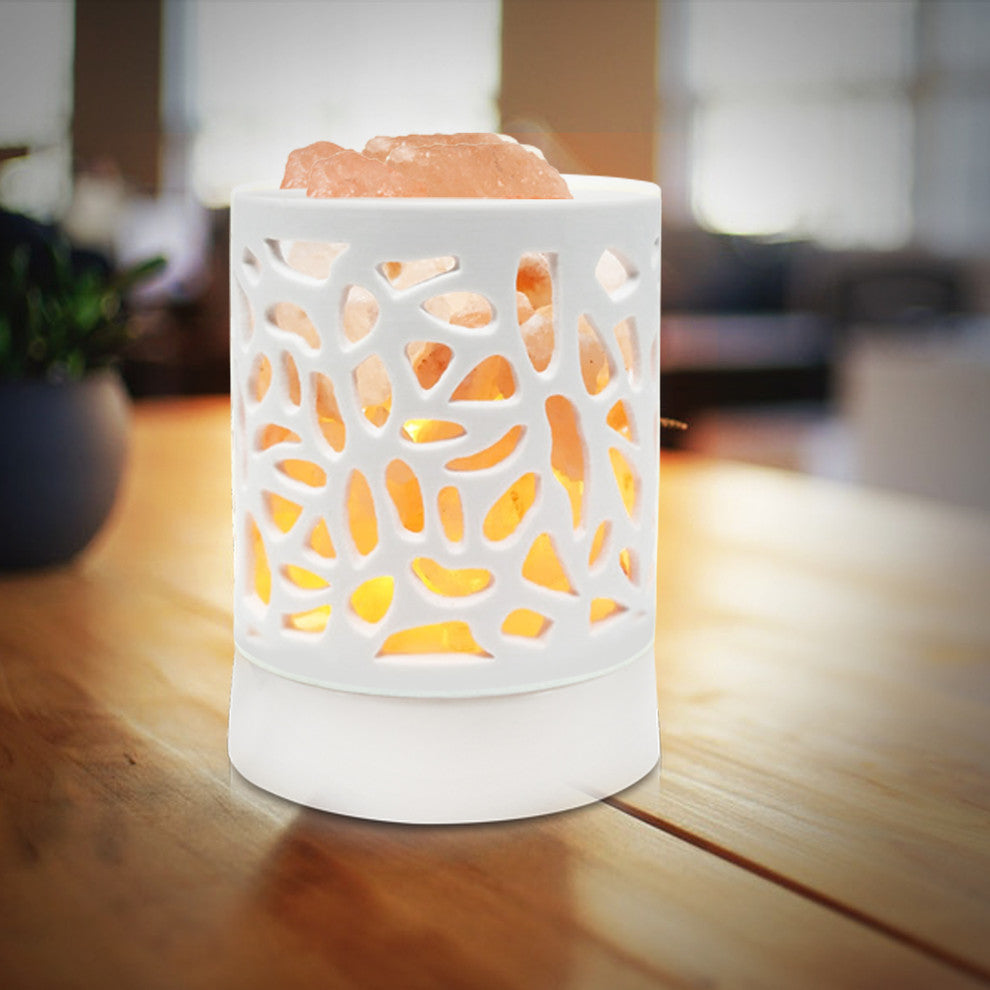 WBM Ceramic White Night Light With Salt Chunks Salt Lamp Plastic Base Halogen