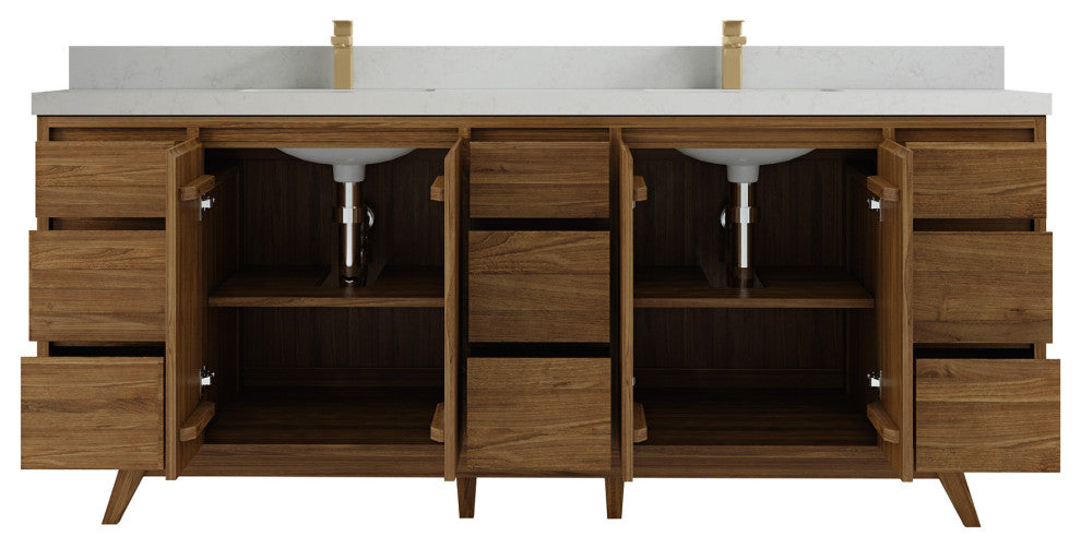 Madison Teak 84 Double Sink Bath Vanity in Dark Natural 2" Carrara Quartz
