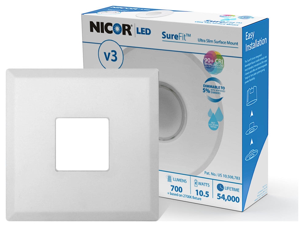 SureFit(v3) LED Flush Mount Ceiling Light, 3000K with Square White Trim
