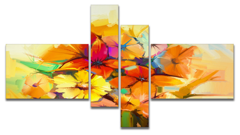 Fantastic Colorful Gerbera Flowers, Large Floral Canvas Print, 60"x32", 4 panels