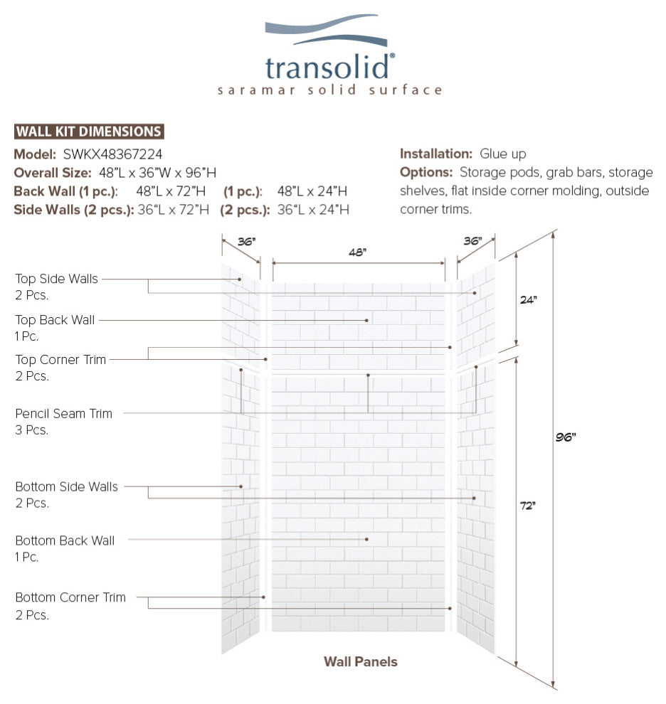 Transolid SaraMar 48"x36"x96" 6-Piece Shower Wall Kit with Extension, White