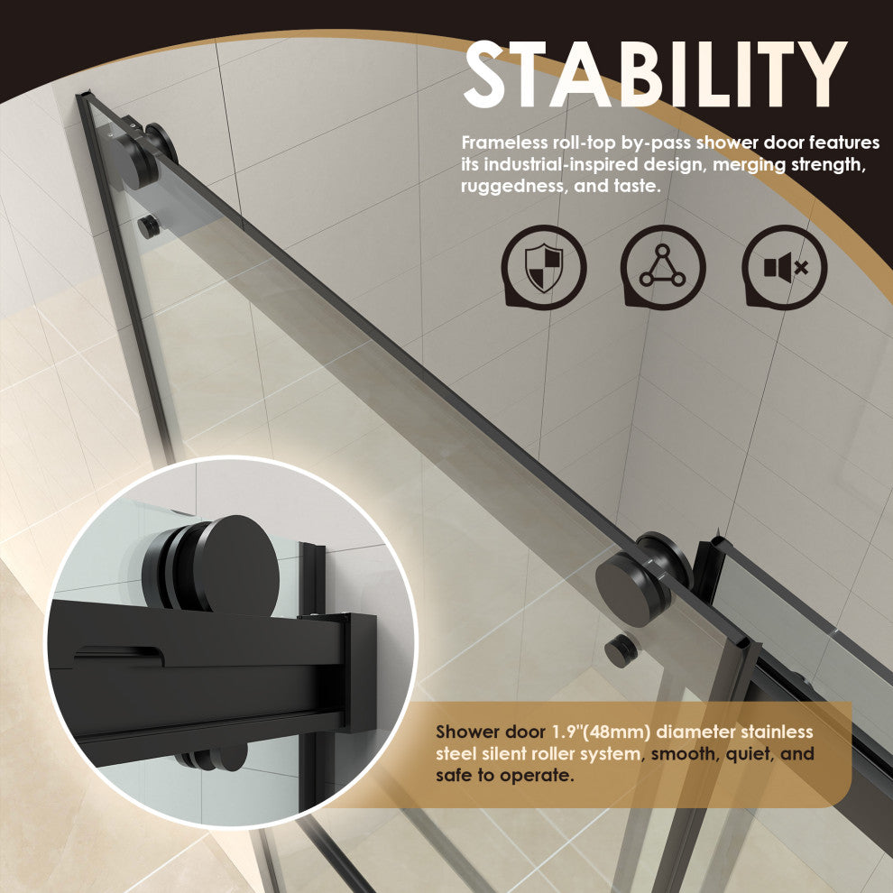 Frameless Exposed Roller Shower Door, Clear Glass, Matte Black, 68" W X 76" H