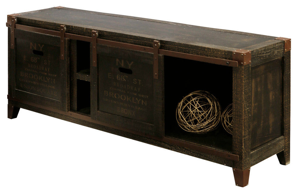 Bronze Distressed Crate Style TV console w/ Storage and Barn Door Hardware