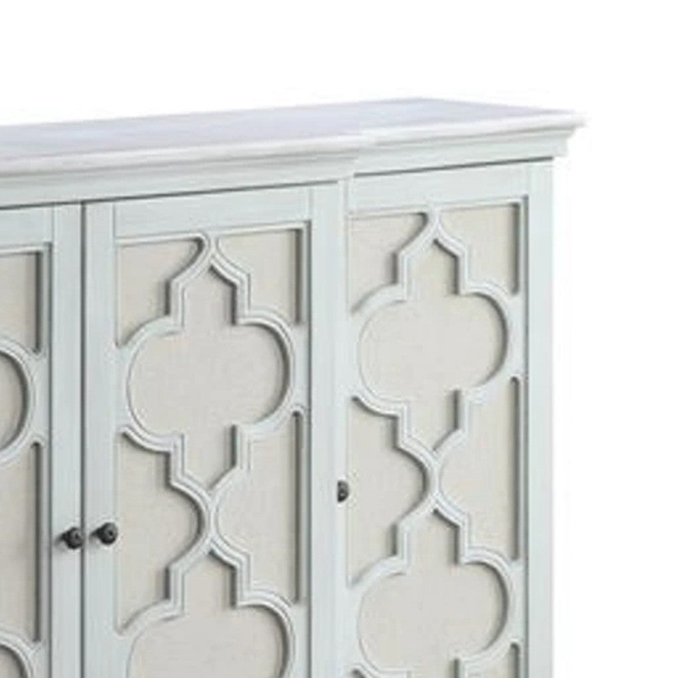 Benzara BM273236 4 Door Buffet Cabinet Console Table, Quatrefoil, Antique Blue