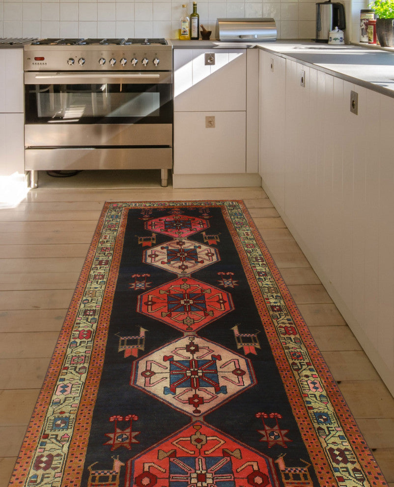Fine Vintage Distressed Tansholpan Charcoal/Navy Runner, 3'6x10'4