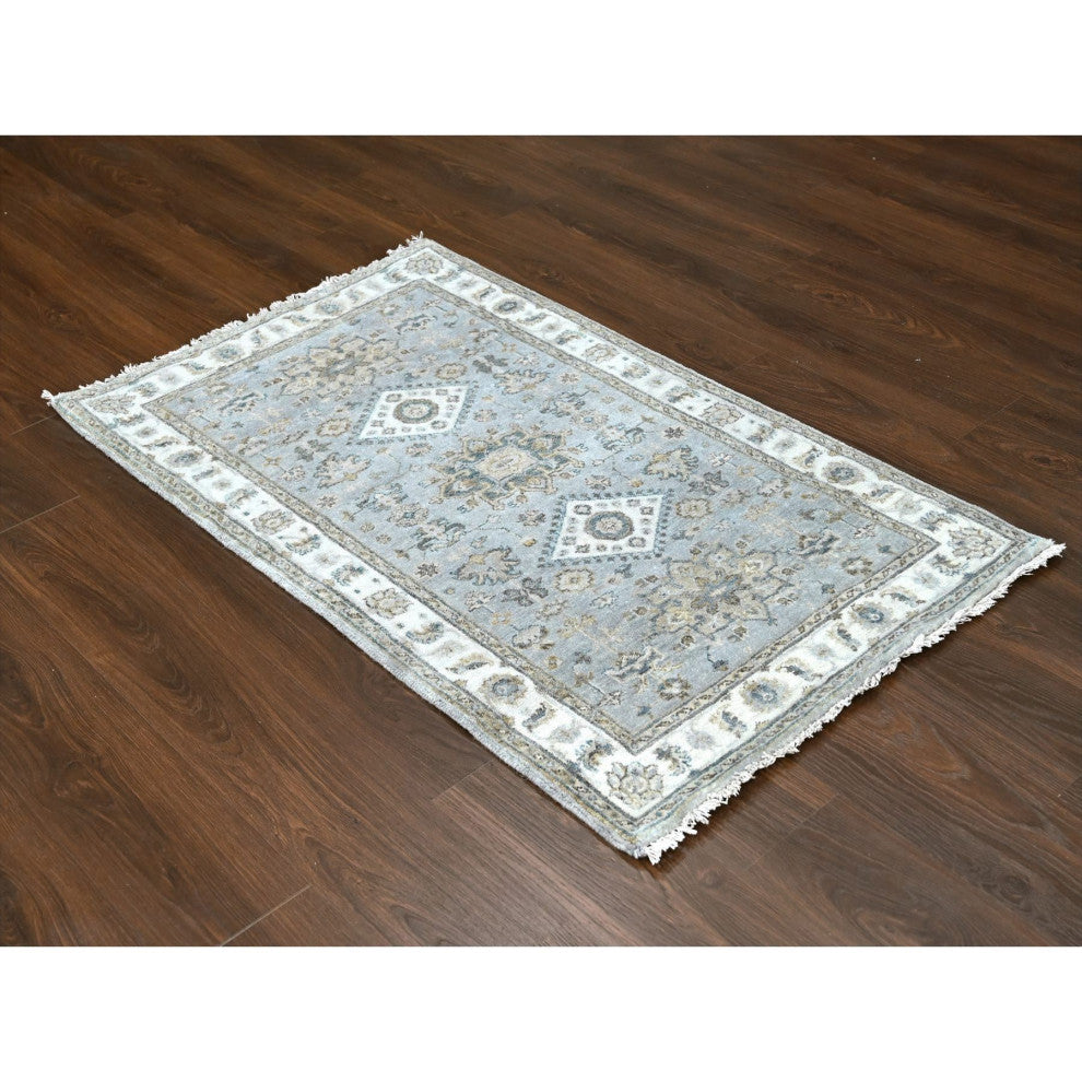 Medium Gray, Hand Knotted, Karajeh Design, Pure Wool, Oriental Rug, 3'1"x5'