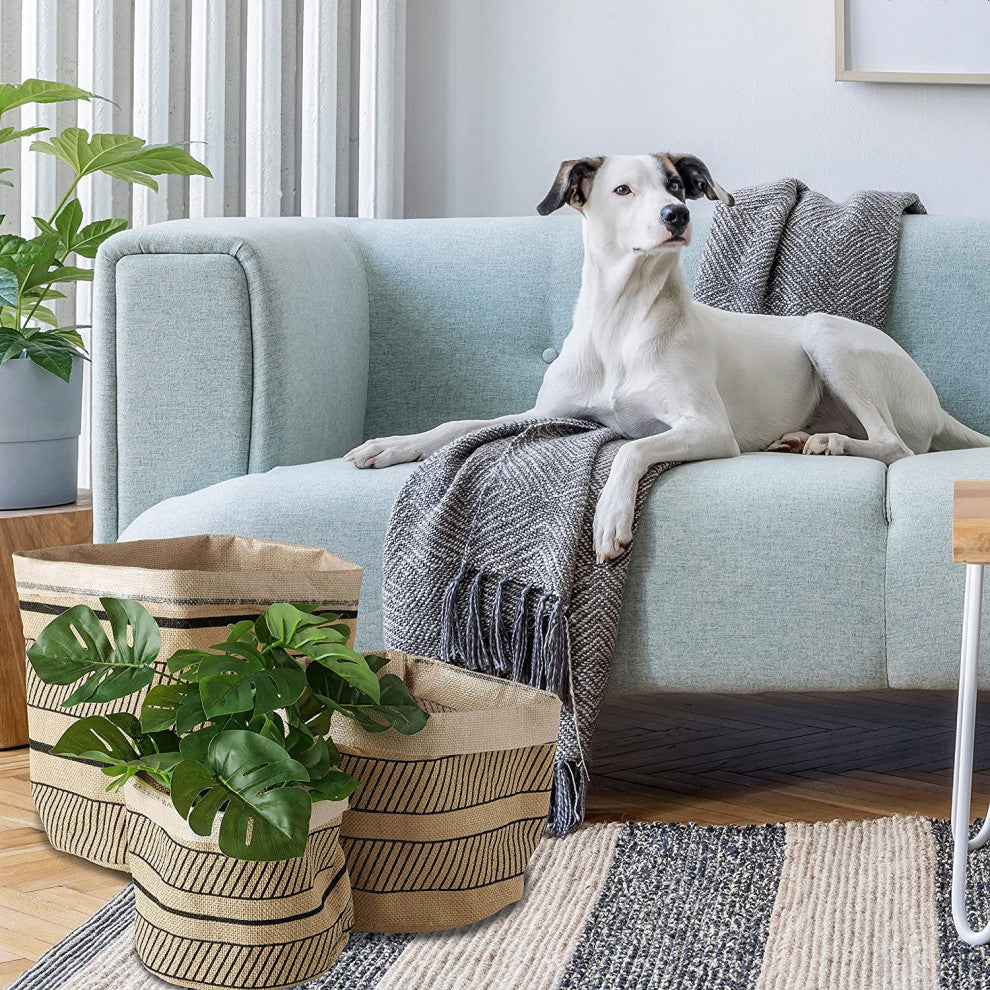 3 Piece Geometric Stripe Linen Basket Set
