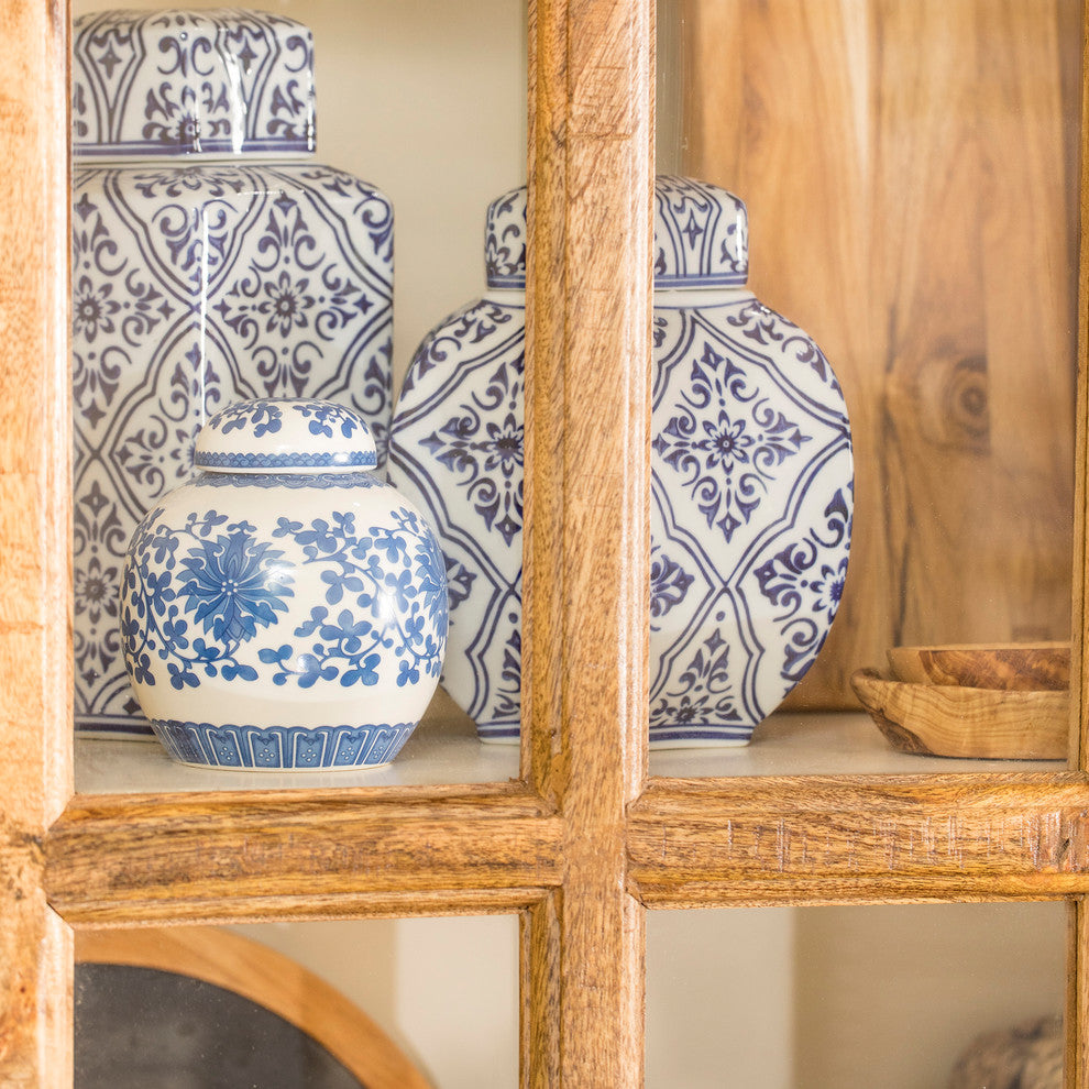 Close-up of interior feature/ceramics inside the cabinet in a lifestyle context.
