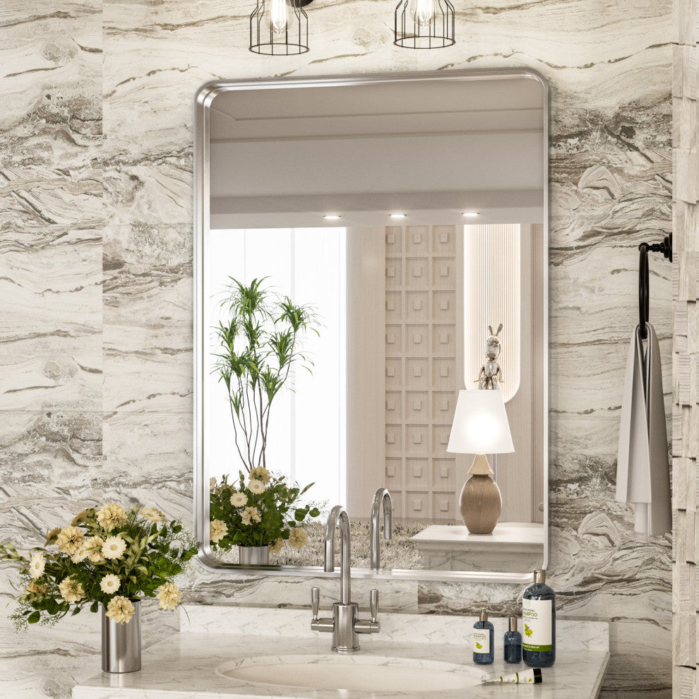 Metal Frame Decorative Rectangular Wall Mount Mirror, Sliver, 24"x36"