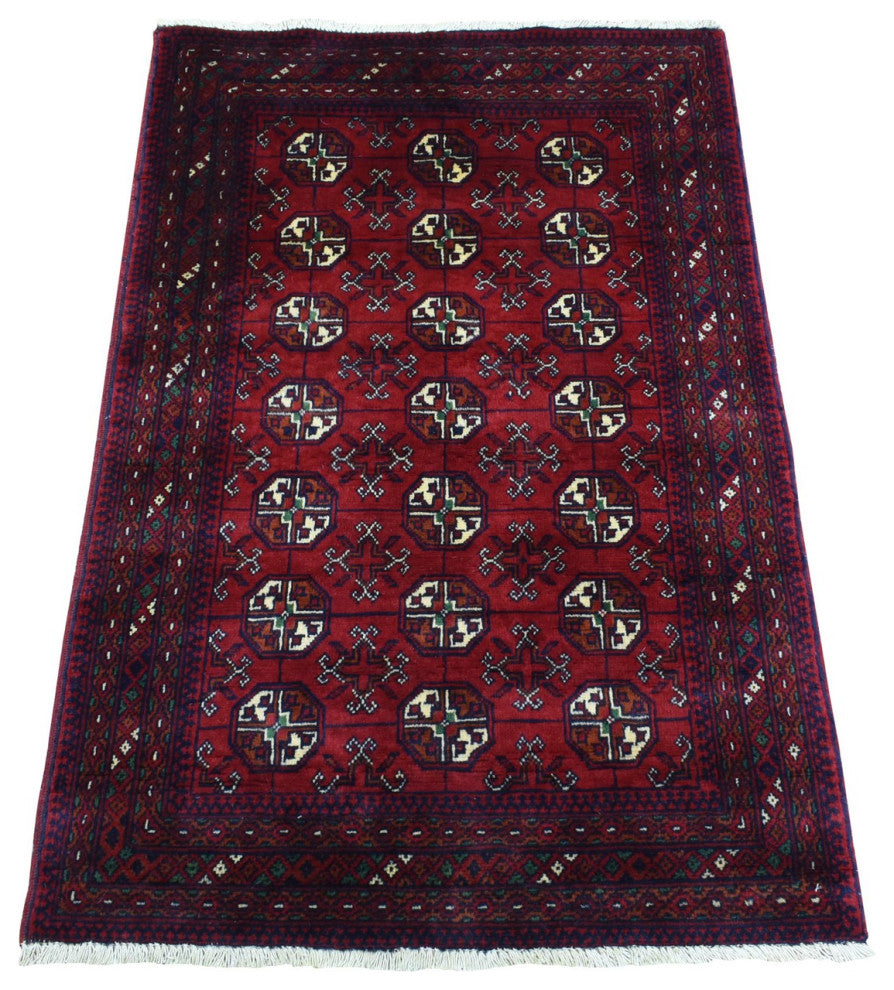 Red Afghan Khamyab Bokara Wool Tribal Hand Knotted Mat Oriental Rug, 2'7"x3'10"