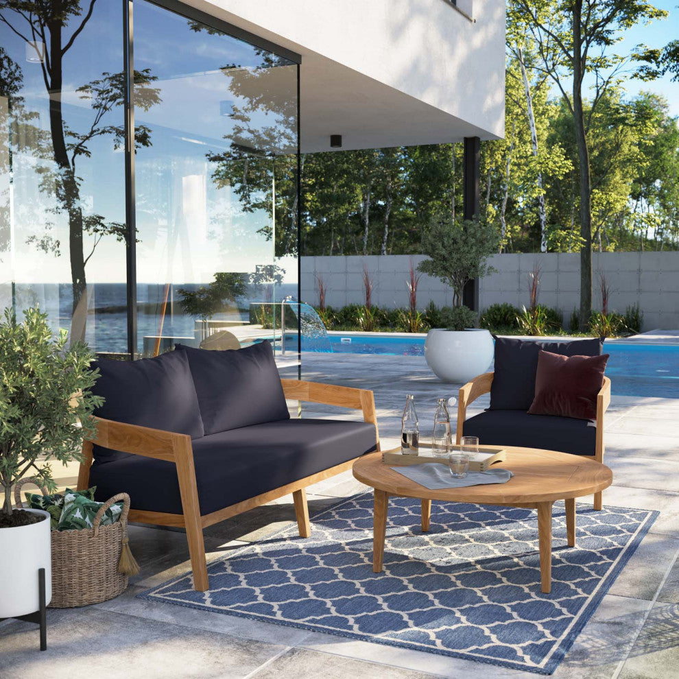 Brisbane 3-Piece Teak Wood Outdoor Patio Outdoor Patio Set, Natural Navy