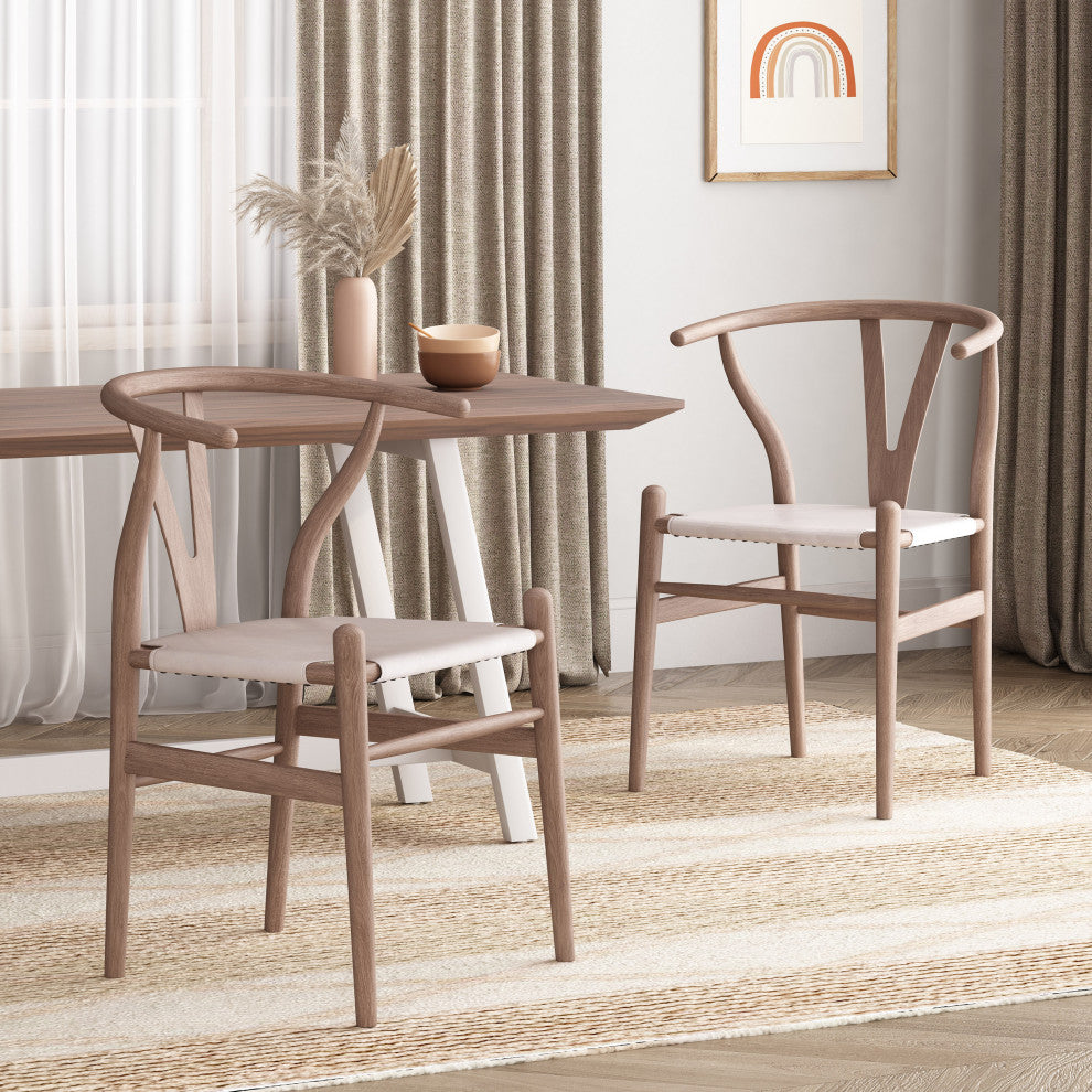 Quince Mid Century Boho Ash Wood Dining Chairs, Set of 2, Tan + Antique