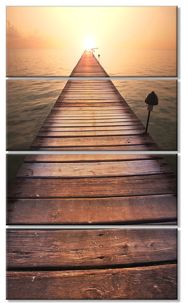 Long Wooden Boardwalk into Sea, Seashore Canvas Art Print, 28"x48", 4 Panels