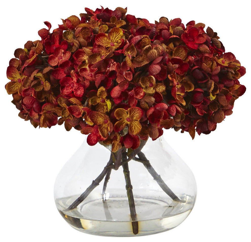 8.5"H Hydrangea Silk Flower Arrangement With Glass Vase, Rust