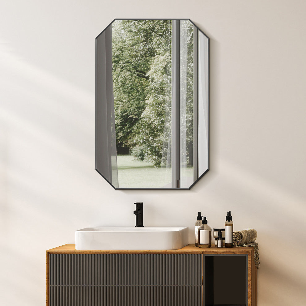 Allure Octagon Framed Bathroom Wall Mirror, Matte Black, 24"