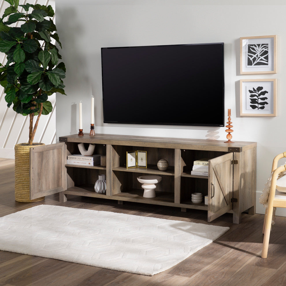 70" Farmhouse TV Stand with Barn Doors, Gray Wash