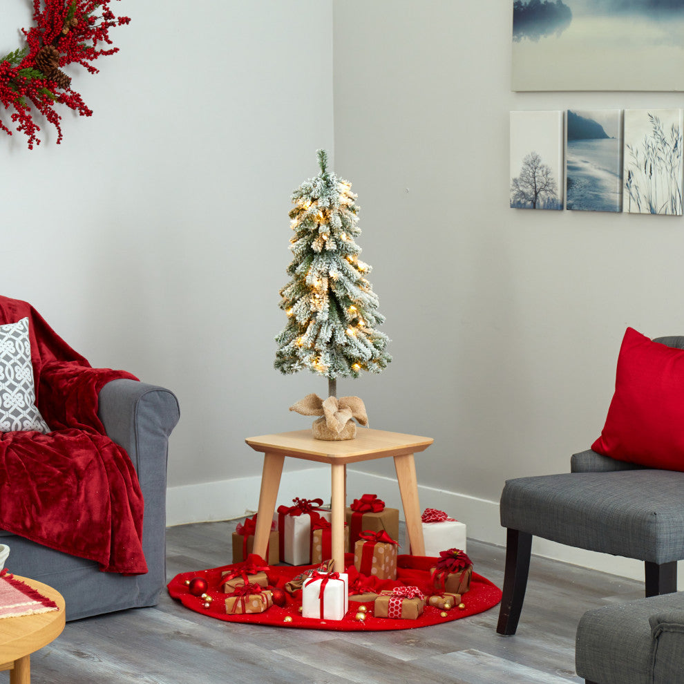 3' Flocked Alpine Xmas Faux Tree W/50 Lights, Bendable Branches & Burlap Planter
