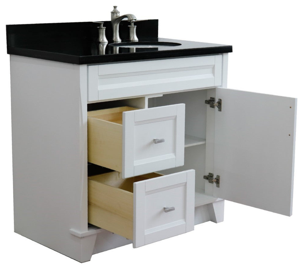37" Single Sink Vanity, White Finish With Black Galaxy Granite