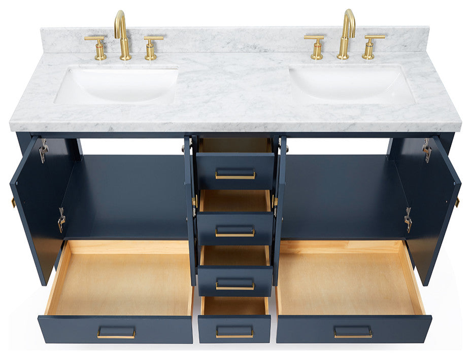 ARIEL Cambridge 61" Rectangle Sink Midnight Blue Vanity Carrara Top, No Mirror