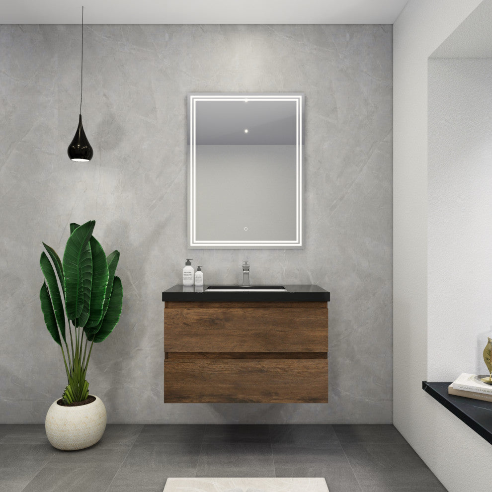 Belli 36" Wall Mounted Single Bathroom Vanity Set, Rosewood, Matt Black Top
