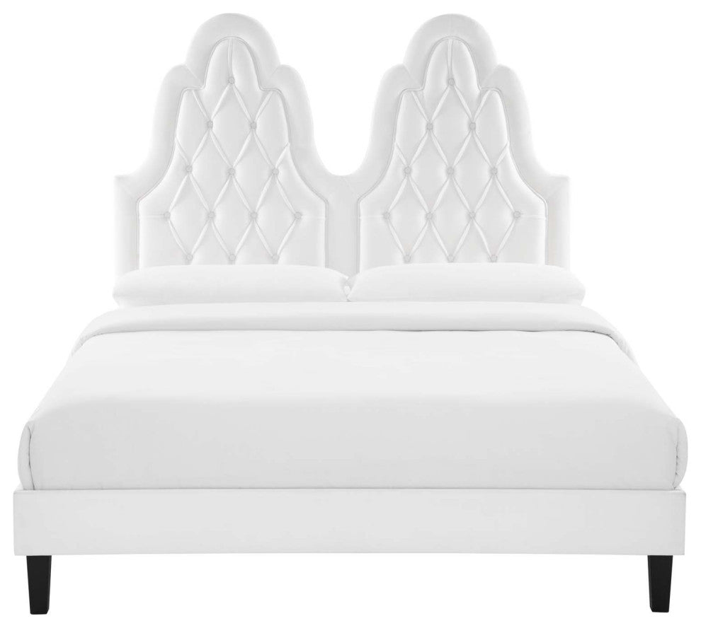 Tufted Platform Bed Frame, Full Size, Velvet, White, Modern Contemporary