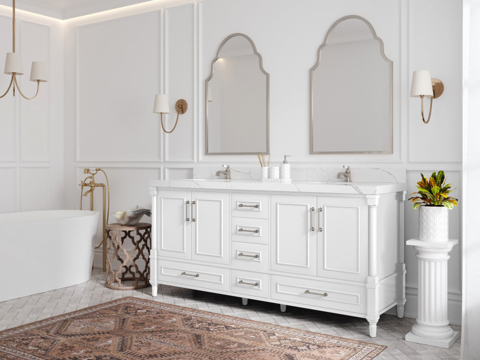 Aberdeen 72 Double Sink Bath Vanity in White 2" Calacatta Laza