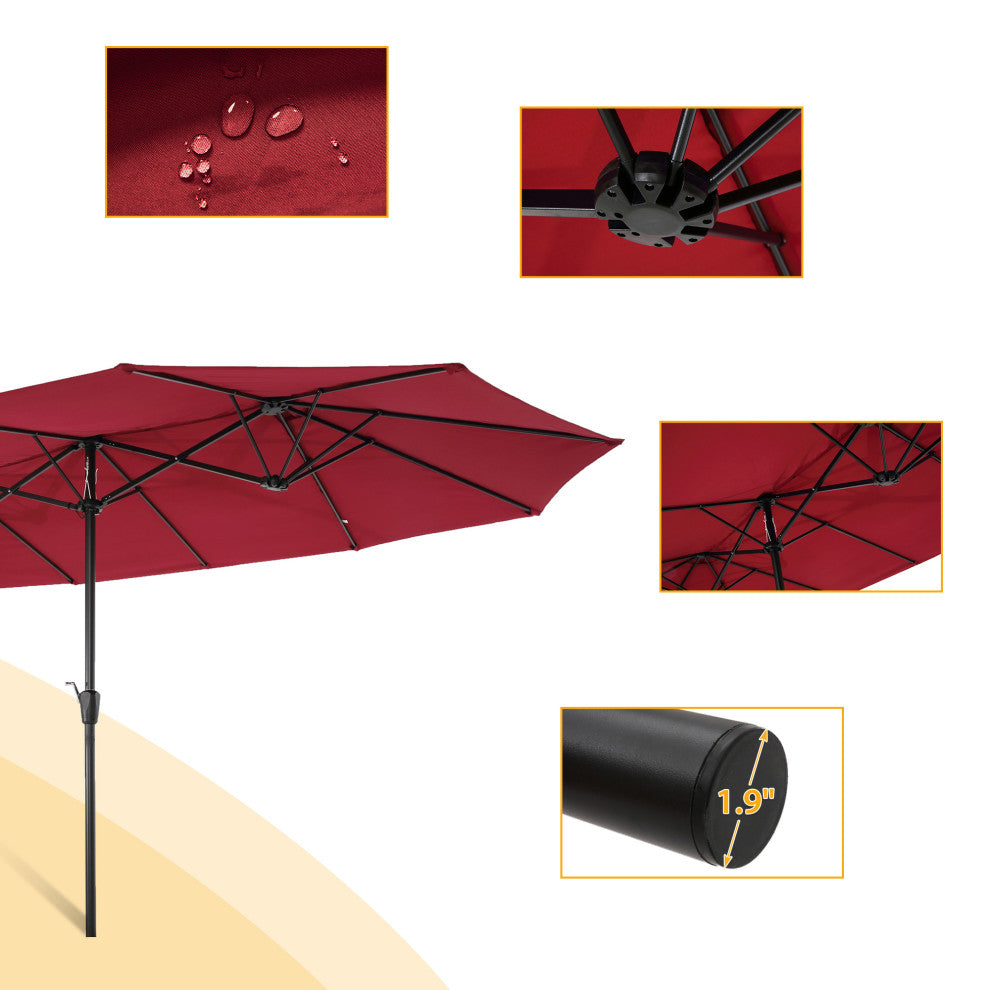 15'x9' Steel Double-Sided Rectangular Outdoor Market Patio Umbrella, Red