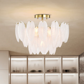 Lily 7-Light Brushed Shiny Brass Glass Feather-shaped Flush Mount